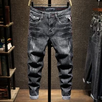 european vintage fashion men jeans retro black gray elastic slim fit ripped jeans men distressed designer casual denim pants