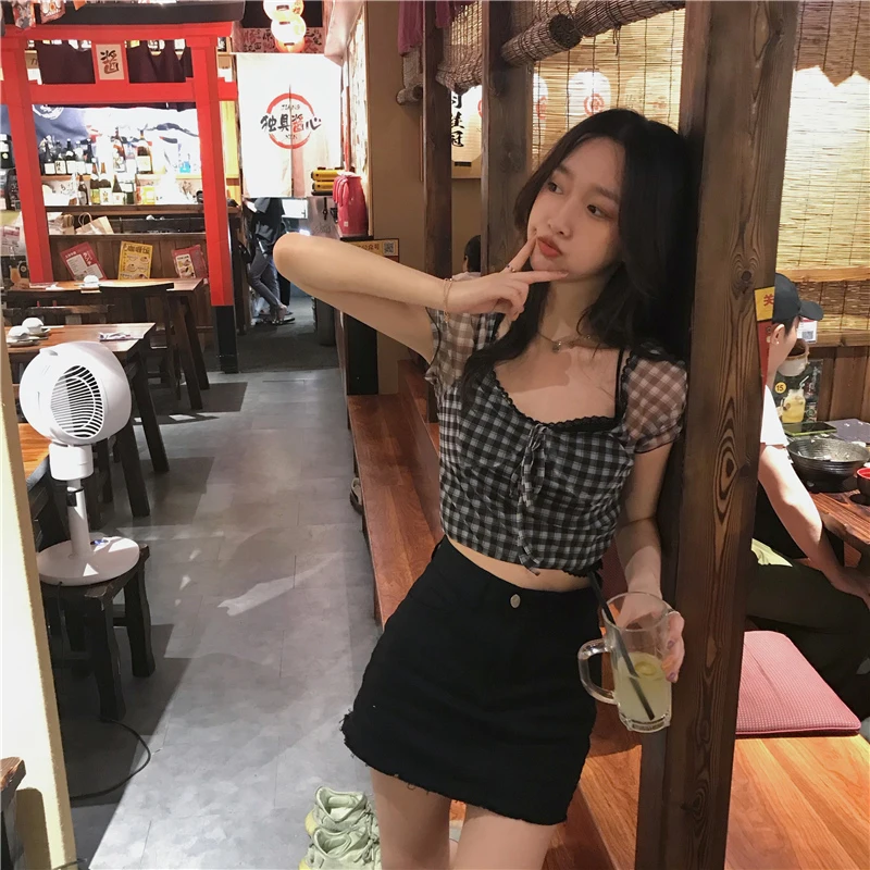 

Summer New High Waist Plaid Tee Women Retro Square Collar Shirt Casual Lace Chiffon Puff Sleeve Crop Tops Female Korea Clothing