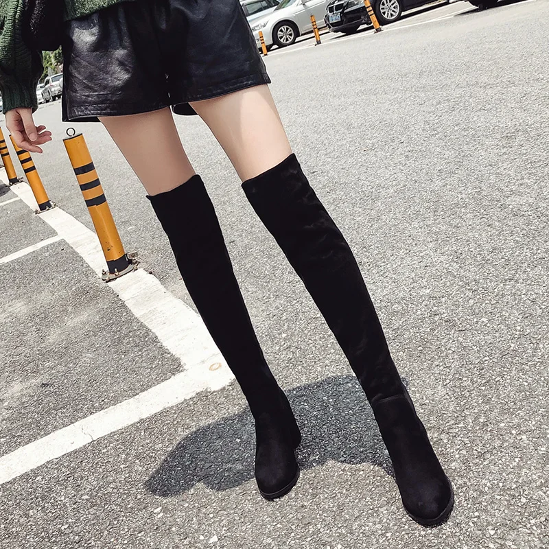 

NIUFUNI 2019 Winter Boots Women Flock Over The Knee Boots Round Toe Square Heel Shoes Woman Red/Black Thigh High Boots