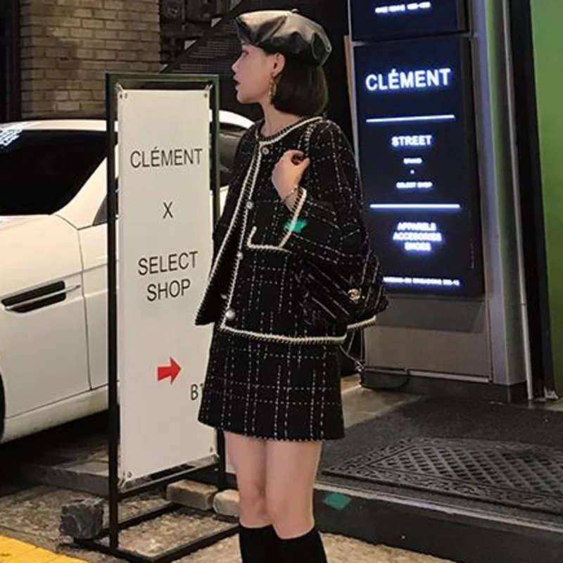 

European Style Autumn Winter 2 Piece Set Women Short Woolen Tweed Jacket Coat & Bodycon Mini Skirt Set Women Two Piece Outfits