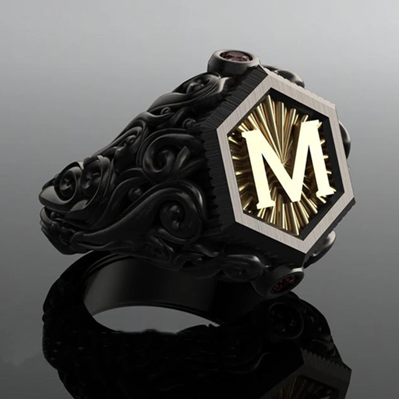 

Vintage Cool Men's Black Metal M Letter Rings Gothic Punk Inlay Red CZ Ring Cocktail Party Ring Men Rock Biker Jewelry