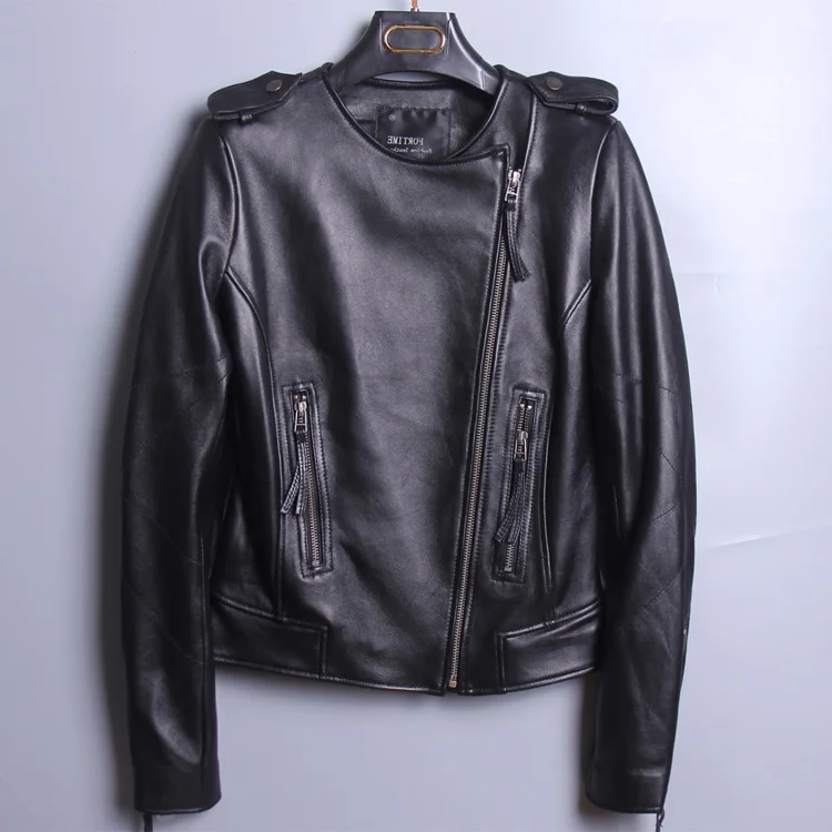 

Autumn women's Sheep skin Genuine Leather jacket office lady style O-Neck slim fit short Motorcycle clothing winter coat black