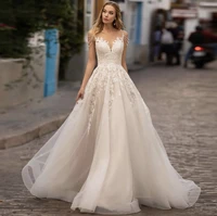 wedding dress a line v neck off shoulder lace appliques sequined backless tulle floor length sweep train bride gown 2021