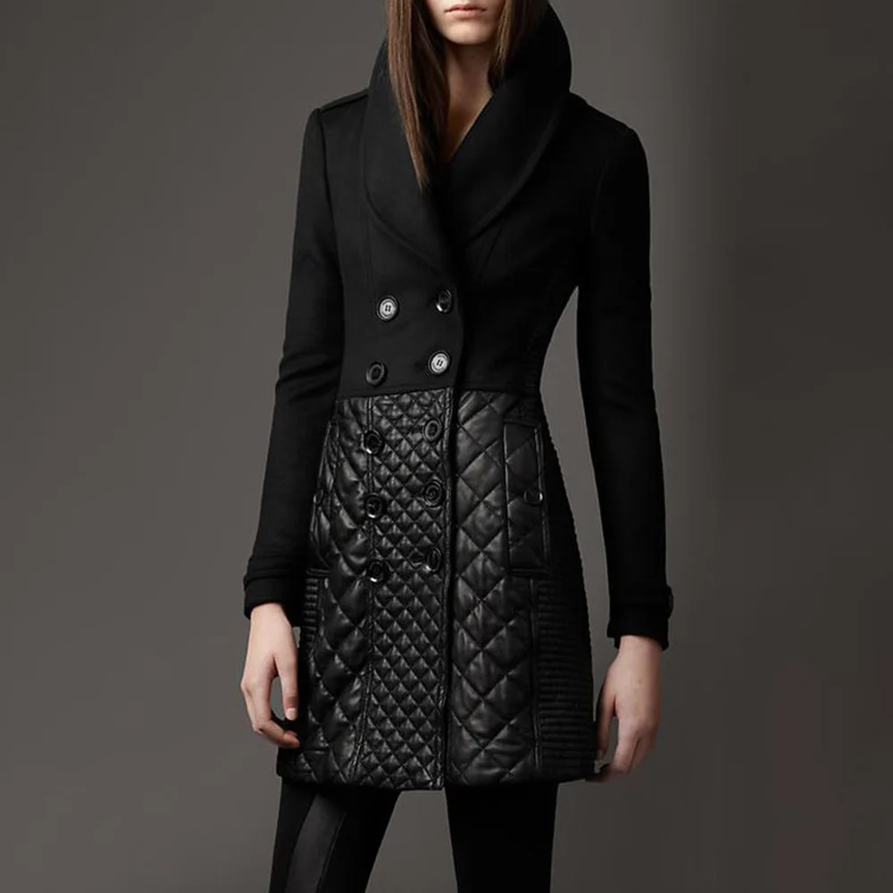 

Western Women Slim Overcoat Jacket Double-Breasted Winter Fashion Simple Cotton Blends Patchwork Button For Female Coat