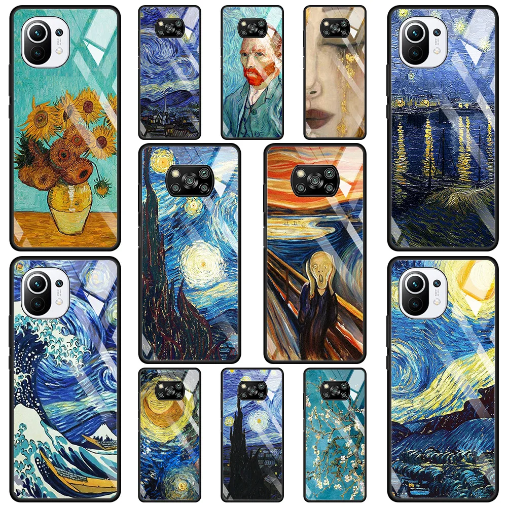 

paintings Starry Night Van Gogh Glass Case For Xiaomi Poco X3 NFC M2 F2 Pro Cover For MI 11 Ultra 10 10T Lite 9T CC9E CC9 Note10