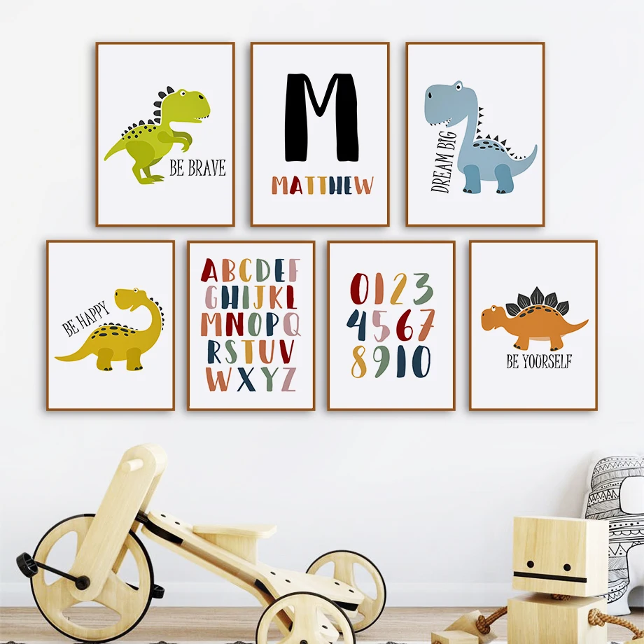 

Cute Cartoon Colorful Dinosaur Alphabet Wall Art Canvas Painting Nordic Posters And Prints Wall Pictures For Kids Room Decor