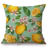 nordic sofa throw pillow case yellow lemon fruit flowers leaves plant art watercolor cotton linen modern art chair cushion cover