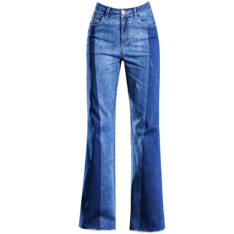 

2019 Spliced Flare Jeans Women High Waist Elasticity Tassel Wide Leg Jean Stretching Lady Fringe Loose Long Pants Free SHipping
