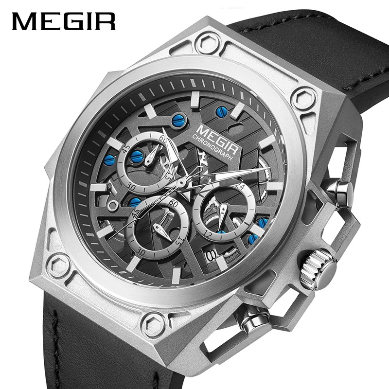 

MEGIR 2021 New Quartz Belt Fashion Men's MultiFunction Chronograph Calendar Waterproof Luminous Steel Shell Watches 4220G