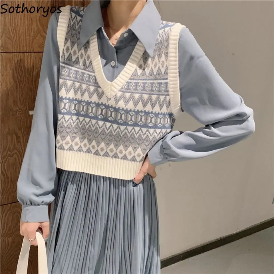 

Cropped Sweater Vest Women Spring Tender Casual Straight Retro Argyle Chic Knitting Tops Female All Match Sleeveless Knitwear