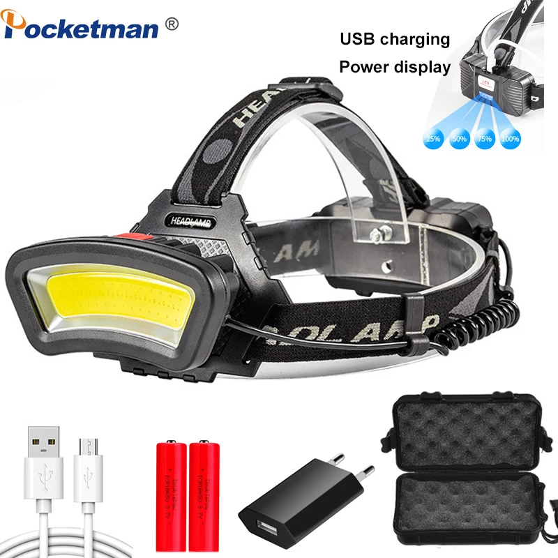 

Rechargeable LED Headlight 200m Long Lighting Distance LED Headlamp Wide Angle COB Head Lamp light Lantern USB Use 2*18650