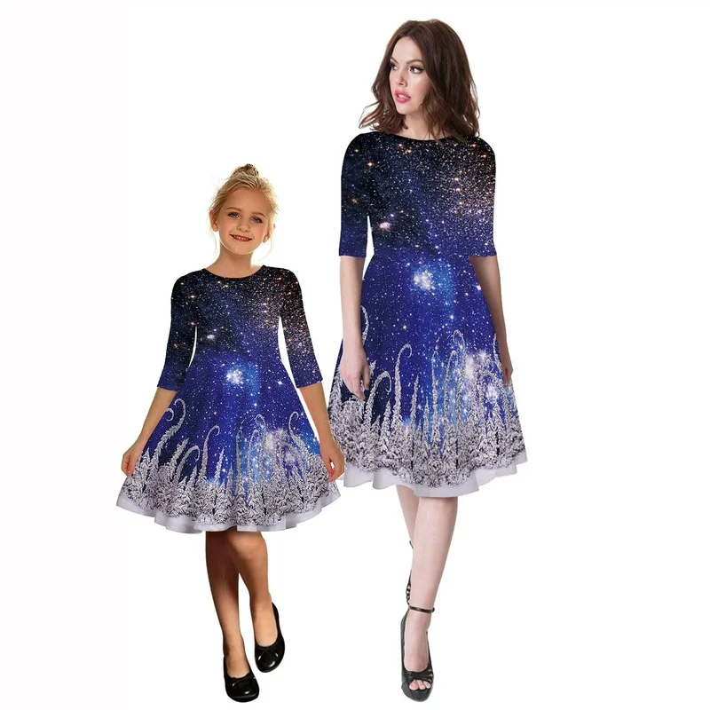 

mom and daughter matching clothes matching family outfits Christmas costume starry sky digital print parent-child autumn dress