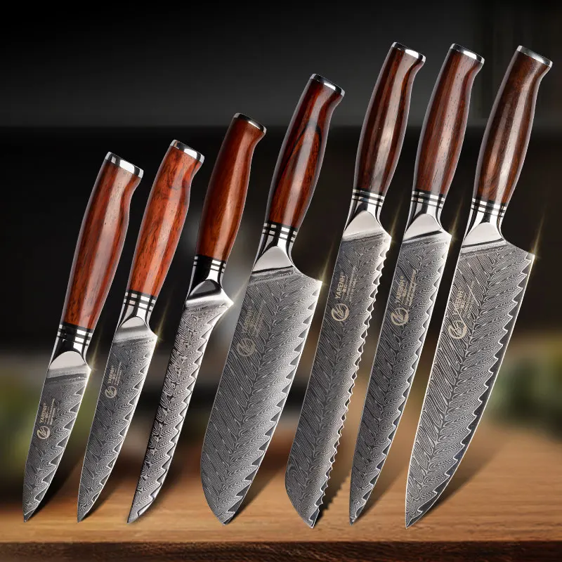 

Yalan kitchen knife set 7 pieces professional cheese chef knife set 73 layers steel apricot with sandalwood handle kitchen