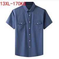 plus large size 13xl 7xl 6xl 4xl mens business casual short sleeved shirt classic imitation denim male social dress shirts blue