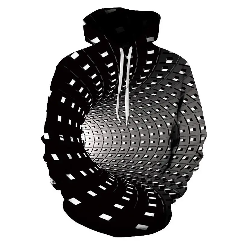 

2021 Men's Hooded Sweater Harajuku Men's and Women's 3D Square Black and White Plaid Design Vertigo Print Hoodie Top