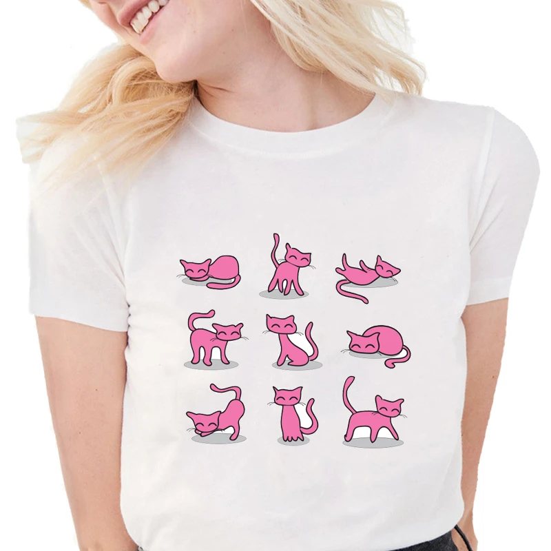 Розовая футболка с котами милая и забавная Харадзюку каваи Женская хлопковая