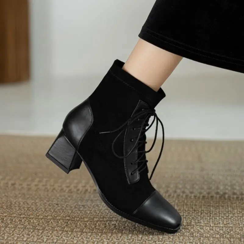 

RIZABINA Size 33-47 Women Ankle Boots Thick Heel Flock Shoes Square Toe Winter Warm Boots Fashion Women Footwear