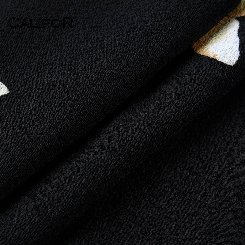 

CALIFOR Sling Petal Sleeves Floral Printed Maxi Dress 2021 Summer Beach Style Split Asymmetry Elegant Black Dress Plus Size