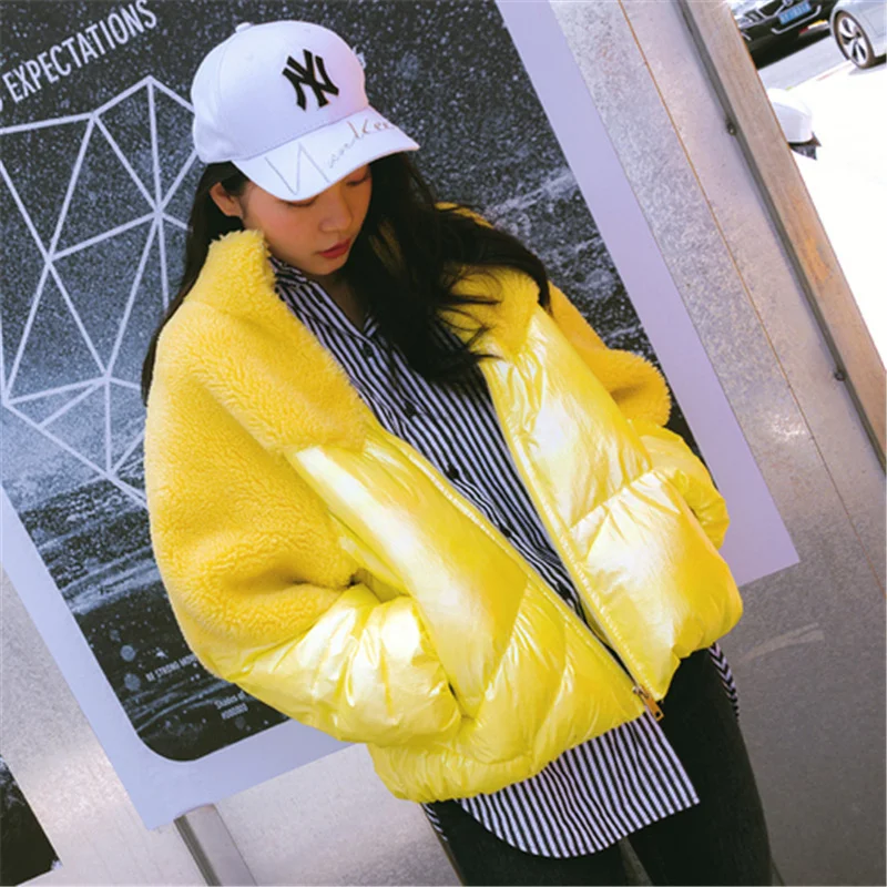 Korean Elegant Lamb Wool Patchwork Winter Coat Women Sweet Preppy Style Girl Jacket Fashion Bright Color Short Parkas | Женская одежда