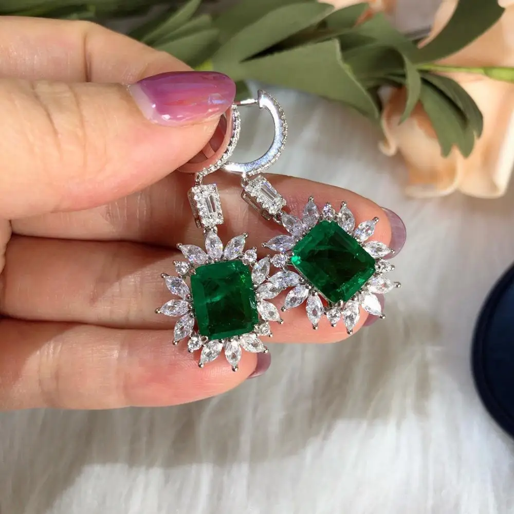 

NEW FASHION BIG SQUARE CREATED EMERALD STONE LONG DANGLE EARRINGS REAL 925 STERLING SILVER JEWELRY FOR WOMEN WEDDING PARTY
