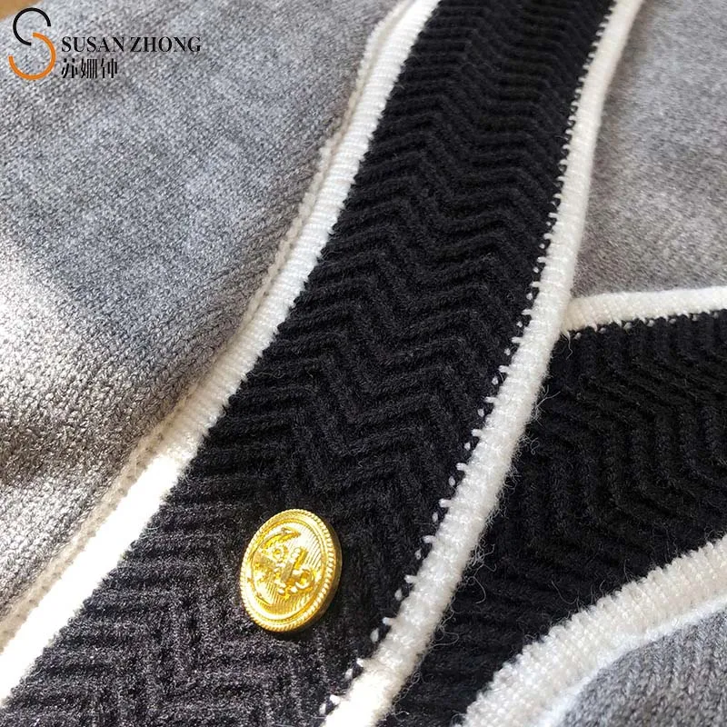 

Woman Sweater Long Sleeve Cardigan Knit Coat 2021 Spring New V Neck Color Contrast Straight Loose Pocket Metallic Button Korean