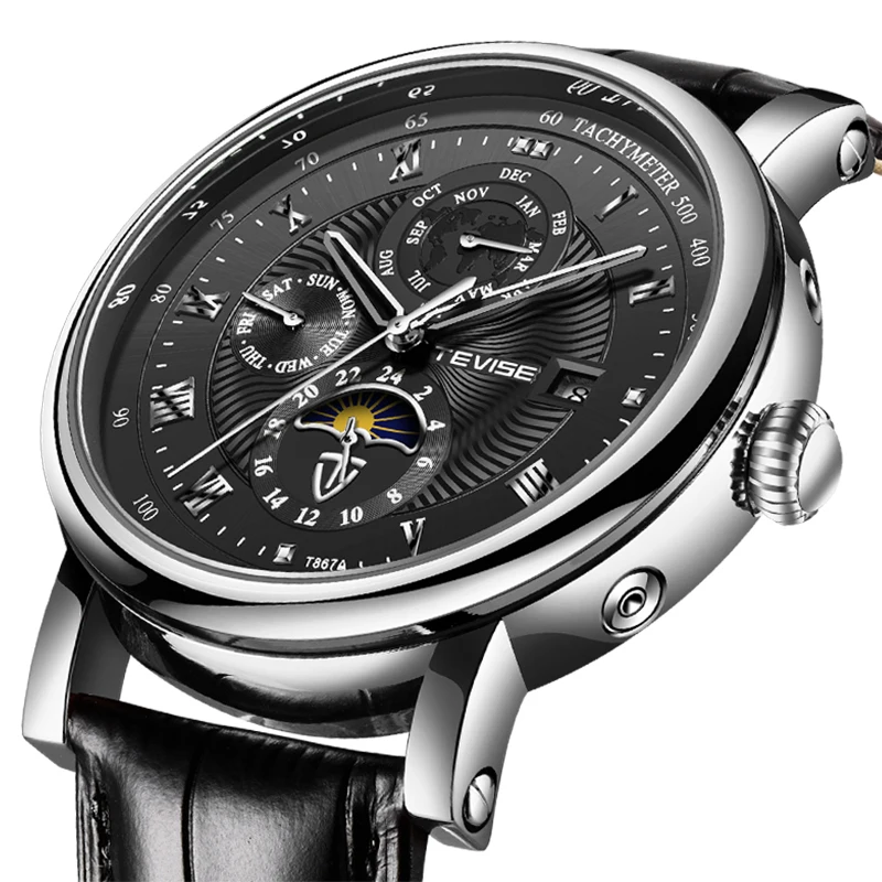 

TEVISE Men Automatic Mechanical Watches Top Brand Luxury Waterproof Business Men Watch Men Casual Leather Moon Phase Date Clock