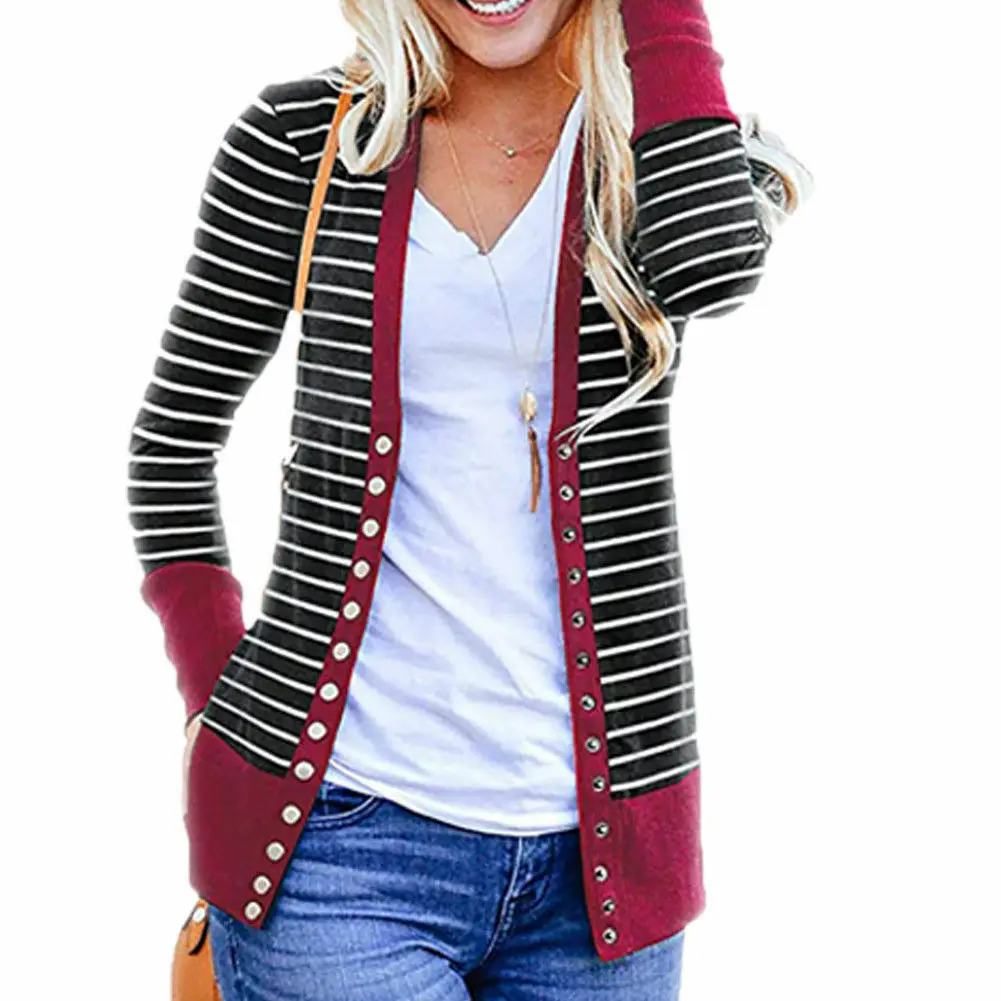 Женский вязаный длинный кардиган в полоску с длинными рукавами и пуговицами