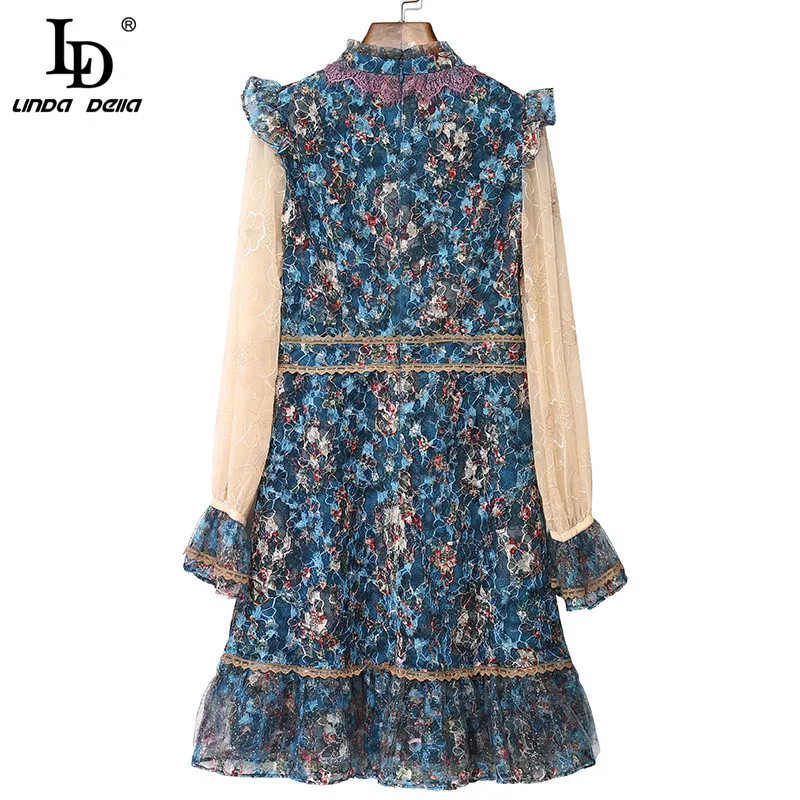 

LD LINDA DELLA New 2021 Fashion Runway Summer Short Dress Women Flare Sleeve Ruffle Lace Splice Floral print Vintage Mini Dress
