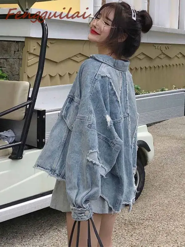 

FENGGUILAI Solid Turn-down Collar Jean Jacket For Women Loose Casual Blue Fashionable Women Coats Female Outwear Denim Feminine