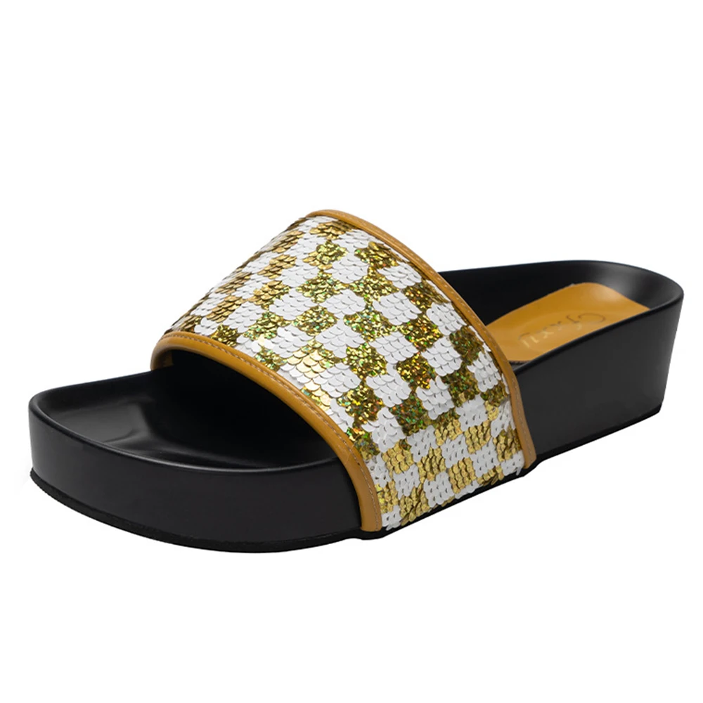 

Летние женские шлепанцы, повседневные Нескользящие пляжные тапочки с блестками, сандалии на плоской платформе, открытый носок для улицы, же...