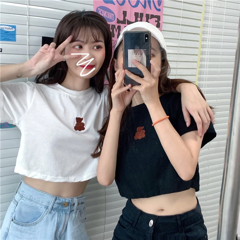 

2942 women Korean slim slimming short navel bear print age-reducing short-sleeved T-shirt