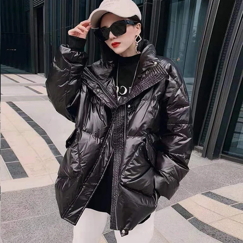 

2021 Women's Winter White Duck Down Jacket Solid Loose Parkas Woman Stand Collar Thick Korean Style Outwear Female Cold Coat