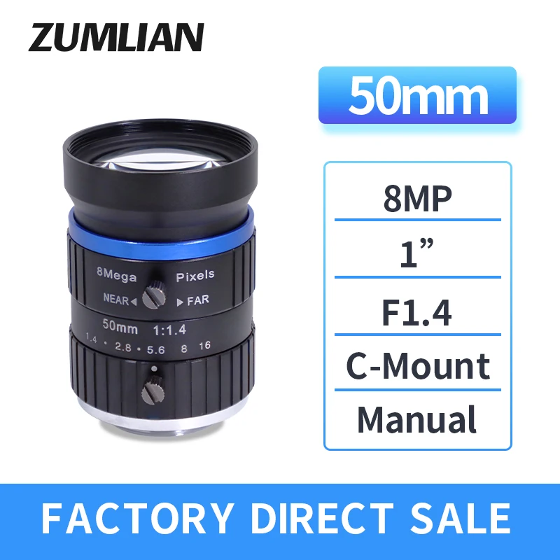 

ZUMLIAN Low Distortion FA 8MP C-Mount 50mm Lens Manual Iris Machine Vision 1 Inch F1.4 Surveillance Camera ITS High Resolution