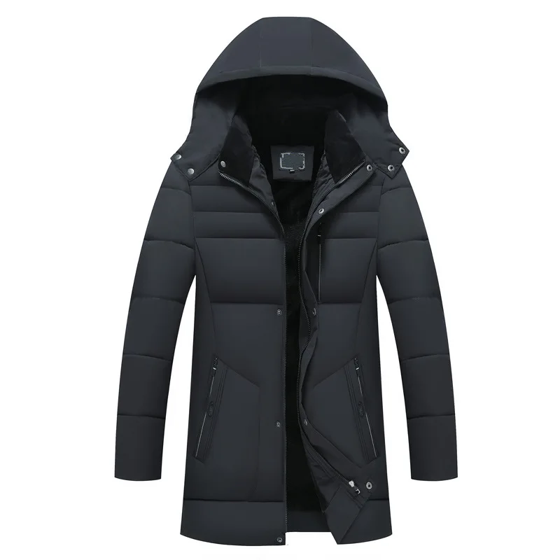 

Winter Men's Parkas Medium Length Long Sleeve Thicken Warm Hooded Solid Pocket Button Zipper Casual Male Cotton Coat