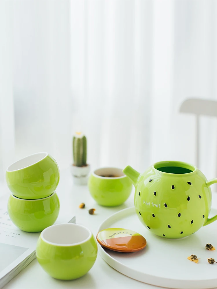 

Cute Cold Kettle set Tea Coffee Cup Creative Home Ceramic Tea Mug Coffee set of Water Cup Fruit Tea set Heat-resistant with Tray