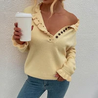 2021 autumn winter ruffled sweaters for women o neck buttons up pullovers solid cute knitted jumper tops girls vintage knitwear