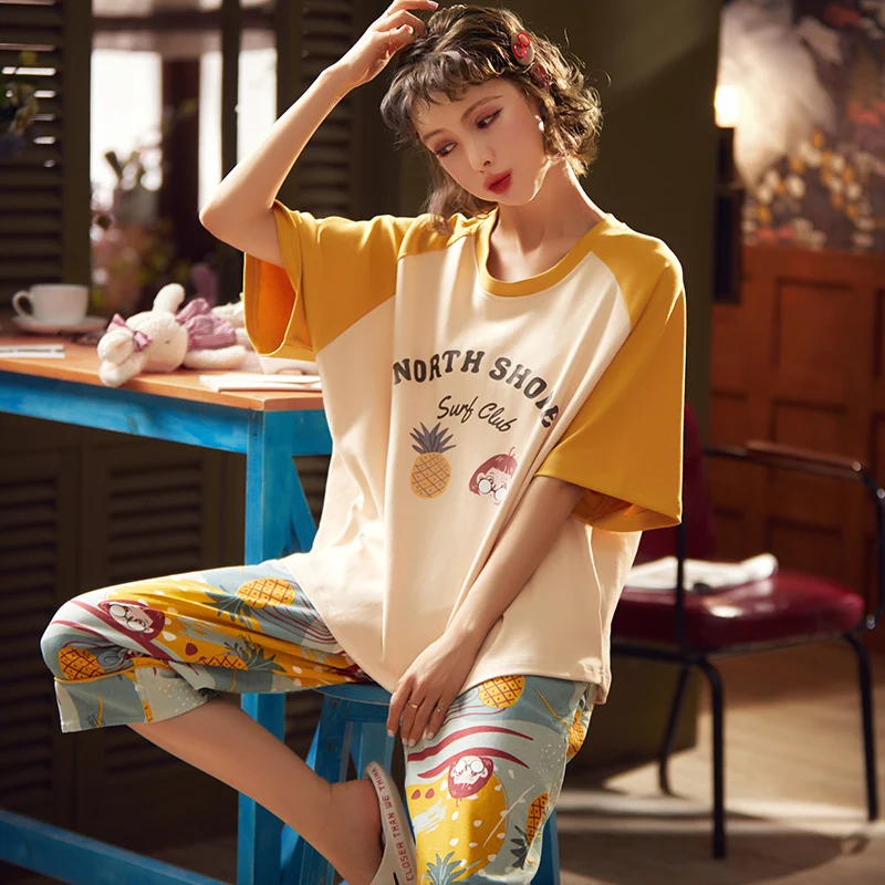Простая Пижама женские пижамы Хлопковые пижамные комплекты с коротким рукавом
