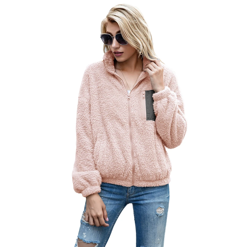 

Women Plush Coat Velvet Tops Loose Long Sleeve Stand Neck Chest Zipper Pocket decoration Winter Clothes wrinkle-resistant fabric