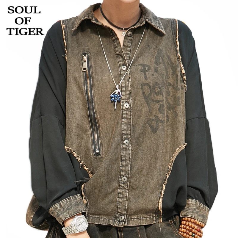 Женские джинсовые блузки SOUL OF TIGER винтажные лоскутные в Корейском стиле