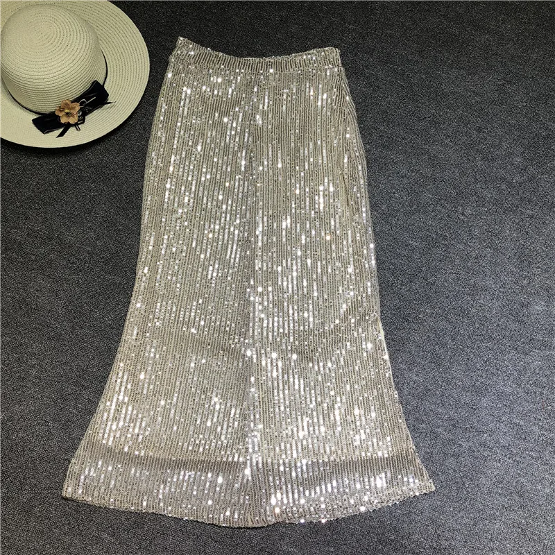 

SiDaiMi Heavy industry style sexy and fashionable sequined skirt Party sexy split skirt Medium length shiny Hip Wrap Ski
