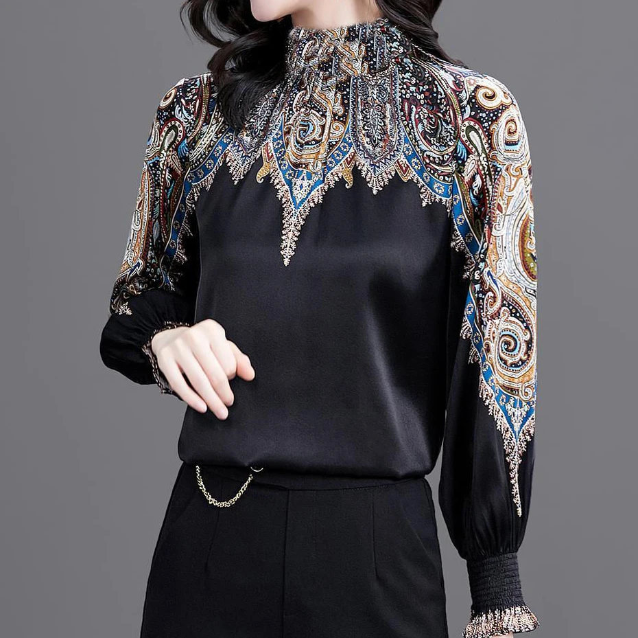 Printed silk shirt 2021 autumn women's new style fungus side collar long-sleeved  silk top  puff sleeve top  blusa feminina