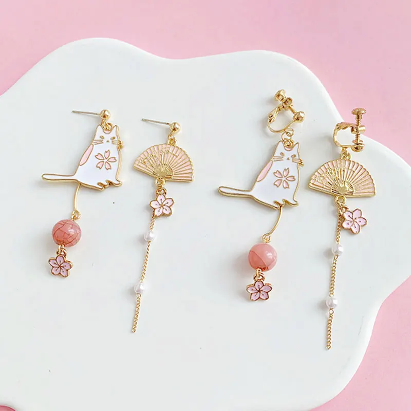 DoreenBeads модные серьги золотой белый и розовый веер кошка имитация жемчуга
