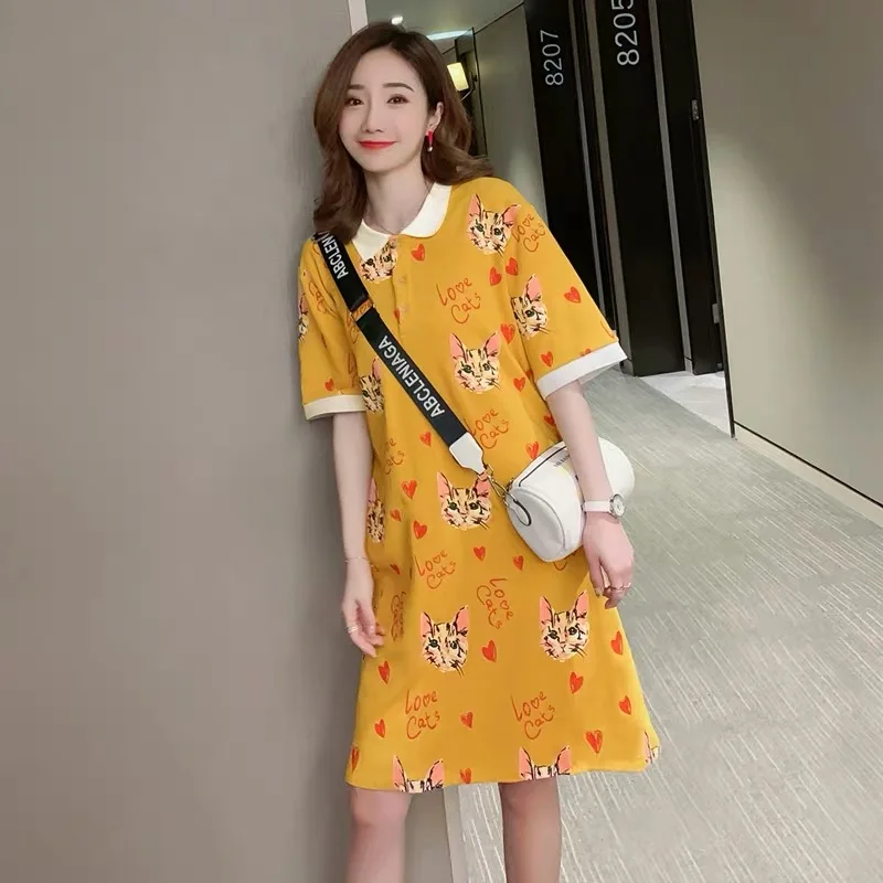 Платье женское с коротким рукавом милое летнее размера плюс свободного кроя