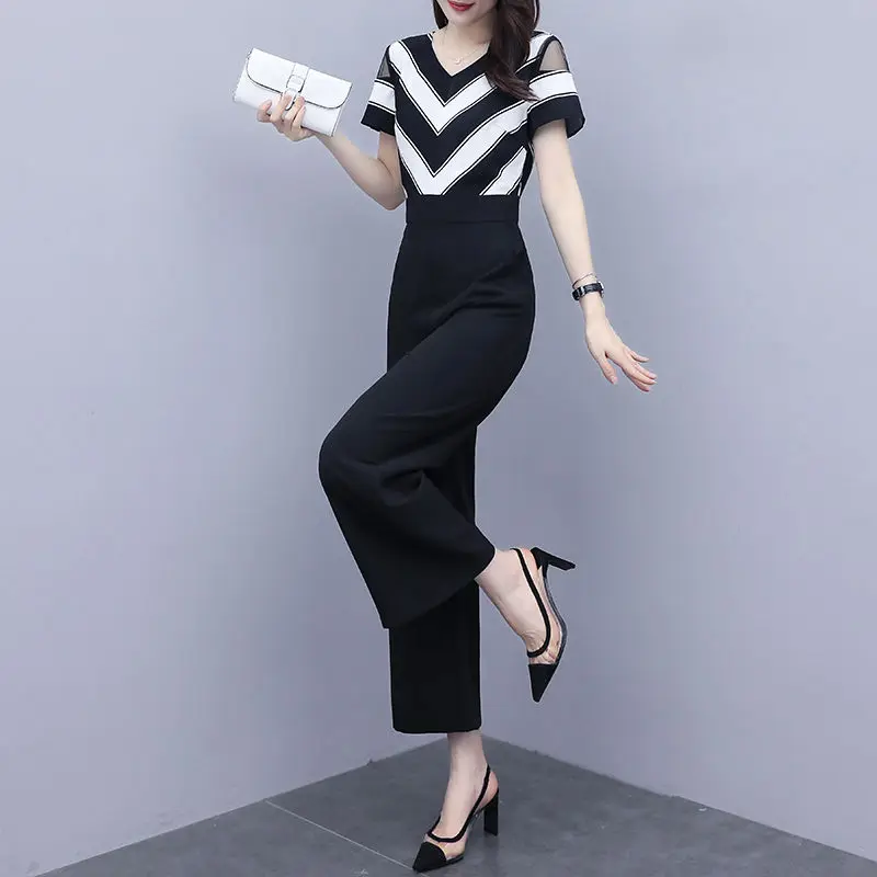 2021 Summer New High Waisted Wide-leg Pants Playsuits Fashion V-neck Short-sleeve Jumpsuit Women Thin Style Jumpsuits Y474
