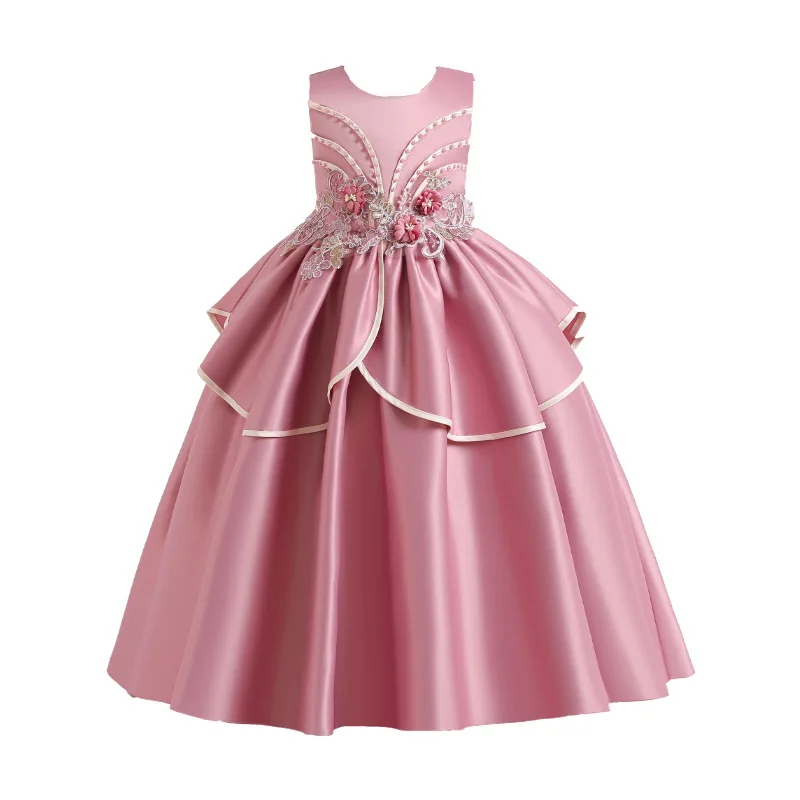 

New girls' long skirt Satin striped dress flower middle school children's performance dress flower children's dress