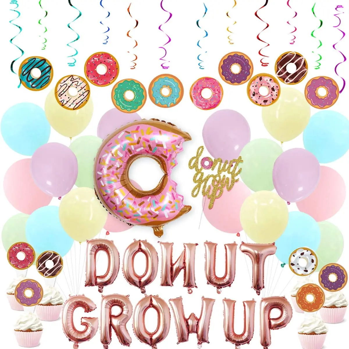 

Donut Birthday Party Decorations Donut Grow Up Balloons Banner Hanging Swirls Cake Topper for Girls Baby Shower Party Supplies