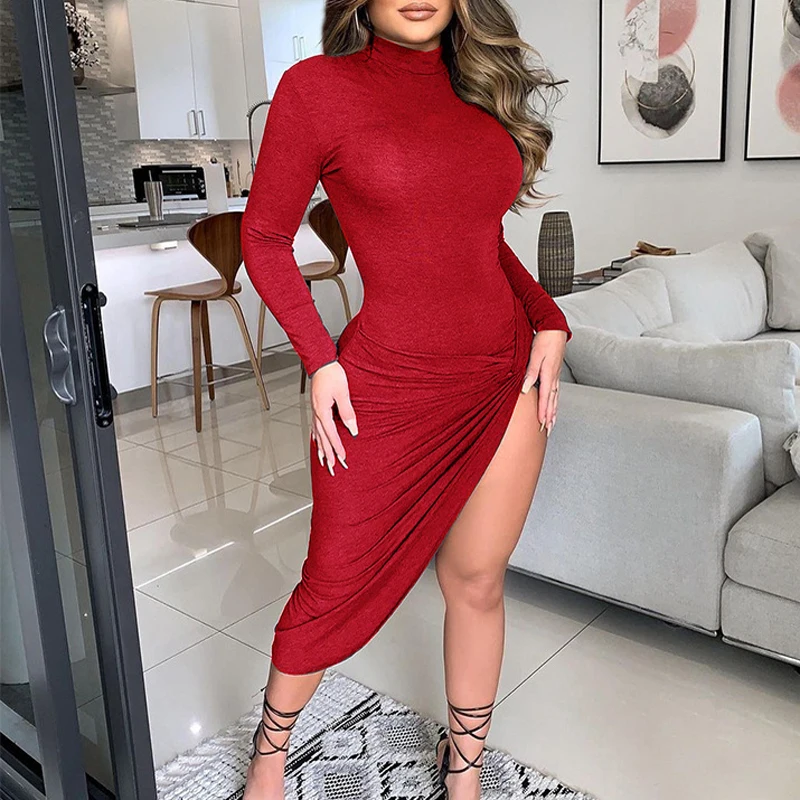 

2021 New Elegant High Neck Solid Slim Party Dress Women Spring Autumn Sexy Irregular Split Dresses Ladies Fashion Bodycon Dress