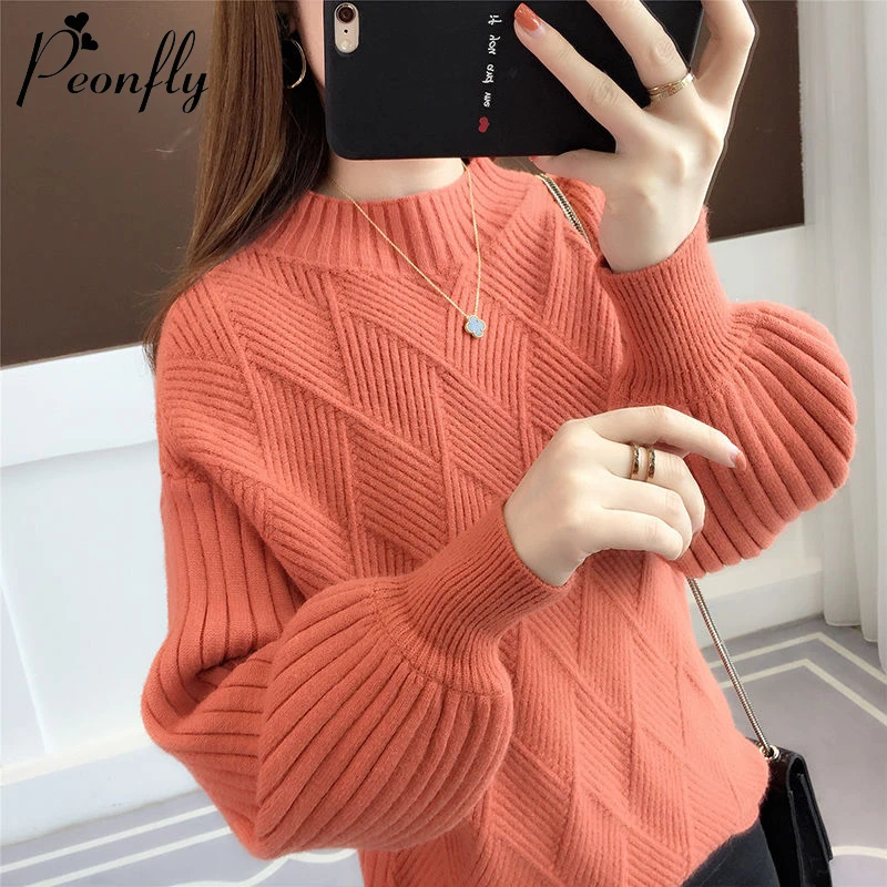 

PEONFLY Fashion 2020 Autumn Winter Thick Sweater Women Casual Lantern Sleeve O Neck Soft Knitted Pullovers Solid Jumper Top