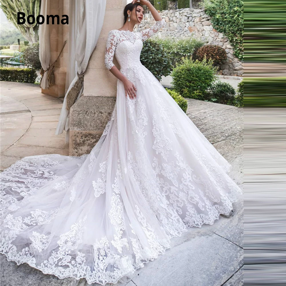 

Booma Half Elegant Lace Wedding Dresses Tulle Bridal Gowns Corset Lacing Beach Wedding Party Dress Plus Size A-line Long Train