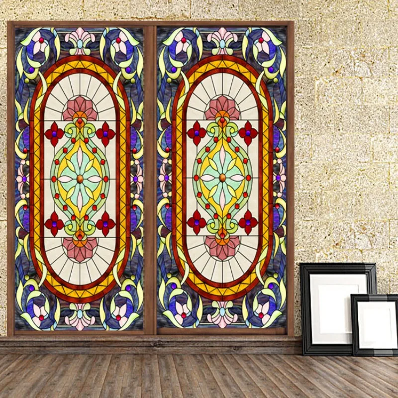 

Custom Size European style Colorful church window fim Static Cling stained glass window film frosted doors foil vidrie 60x150cm